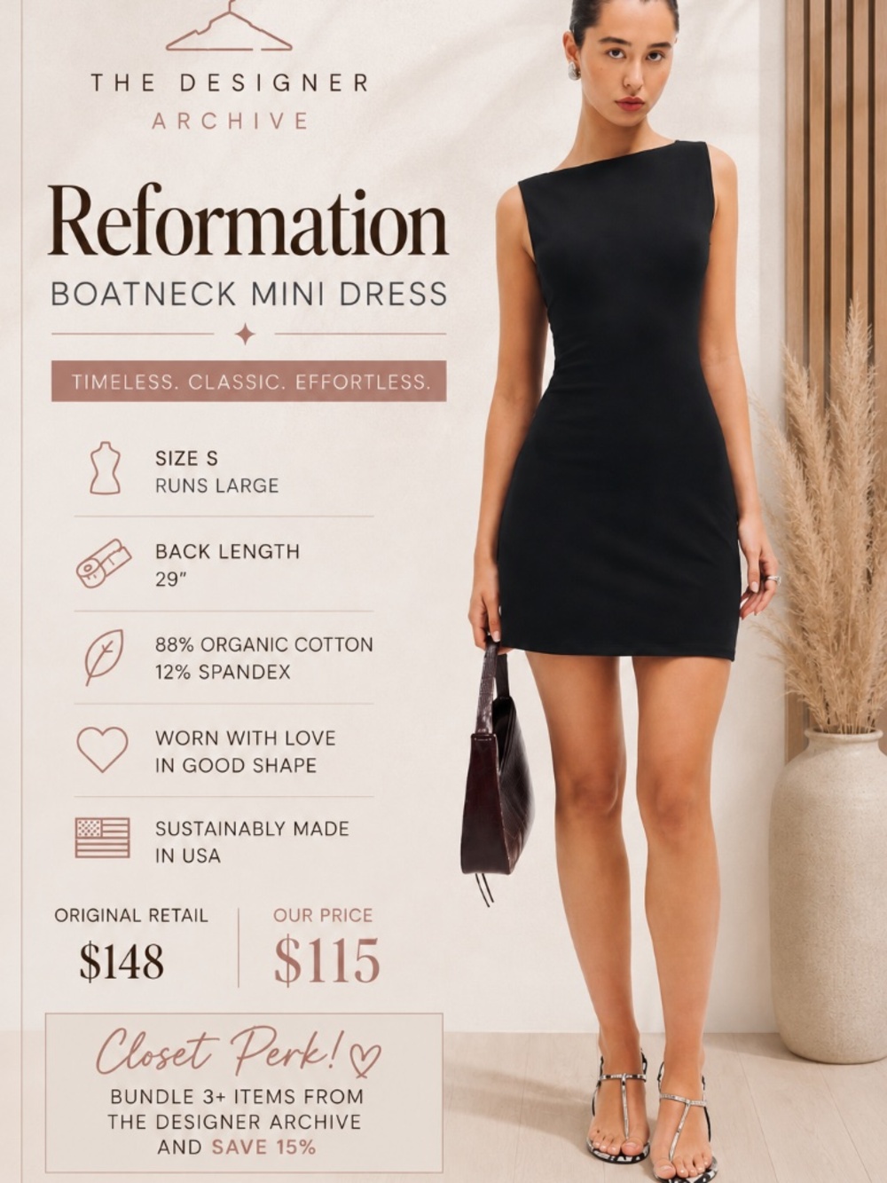Reformation Black Boatneck Mini Dress Size S